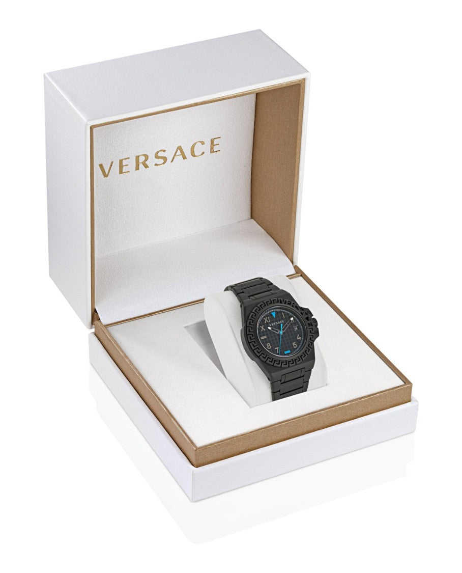 Versace Greca Reaction Bracelet Watch With Textured Black Guilloche Dial