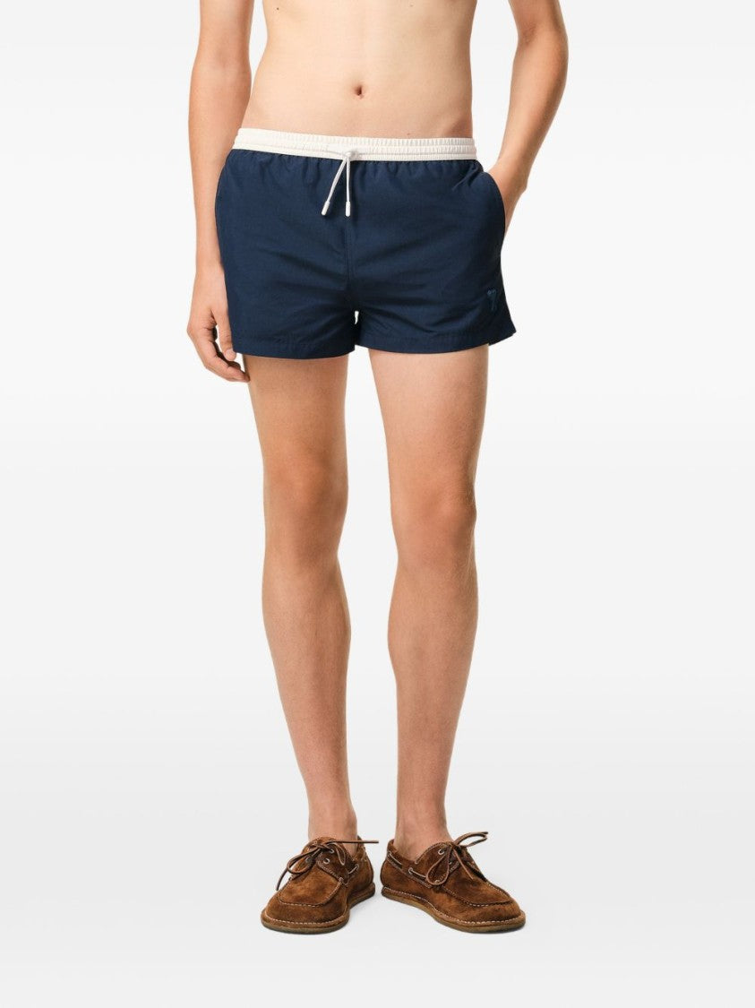 Ami Paris Navy Blue Slim Fit Shorts With Contrasting Drawstring Waistband