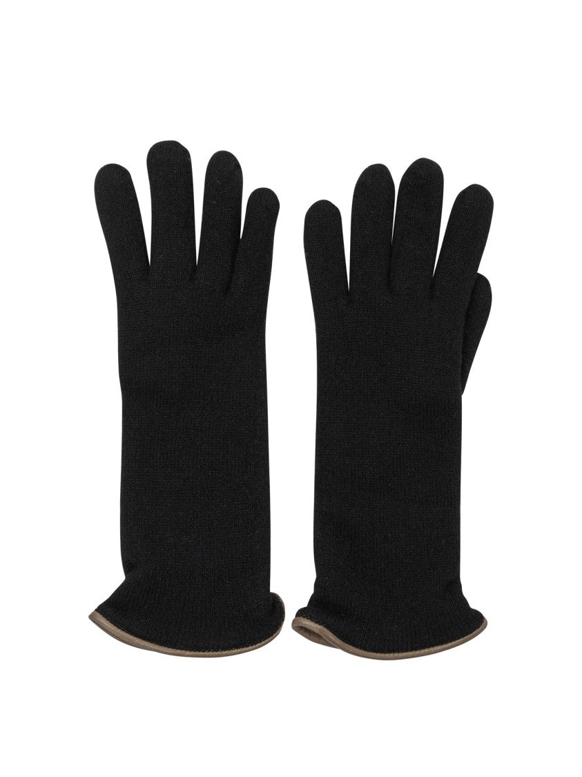Restelli Black Cashmere Gloves With Leather Hem And Tassel Detailing