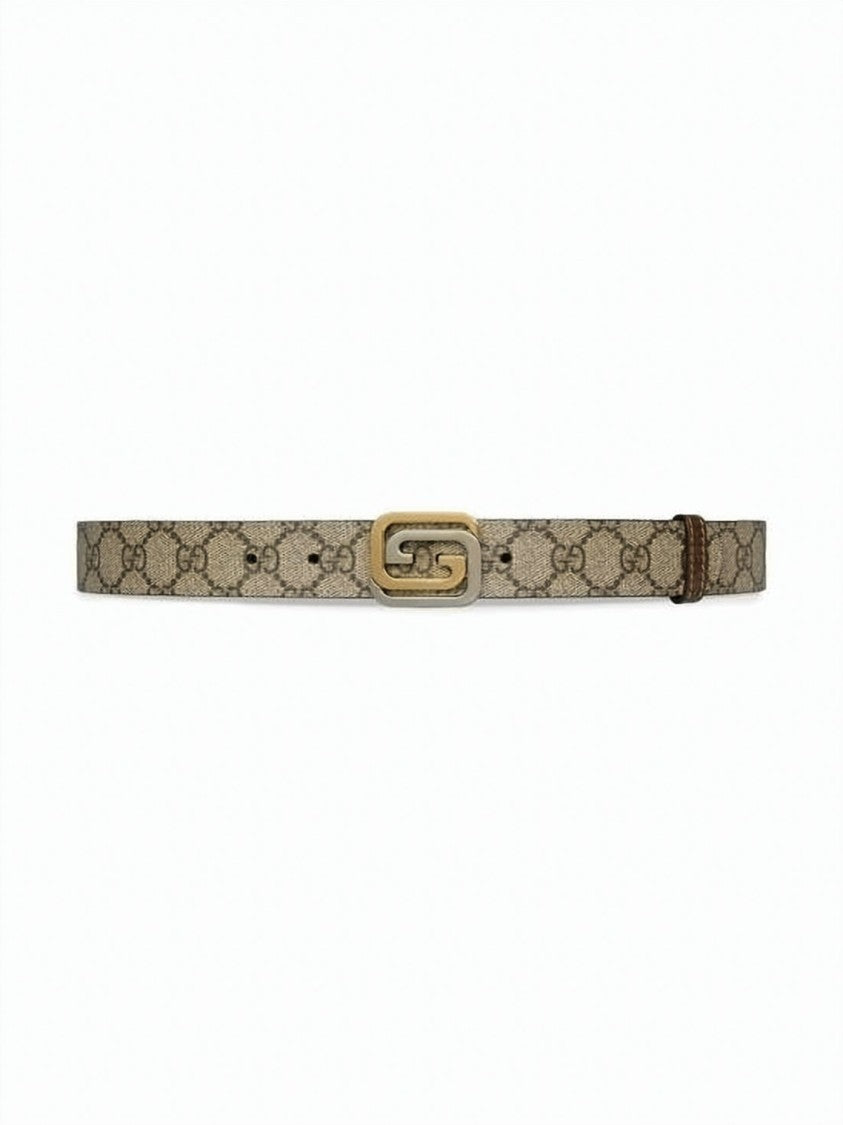 Gucci Textured Brown Leather And Canvas Belt With Dual-Tone Buckle