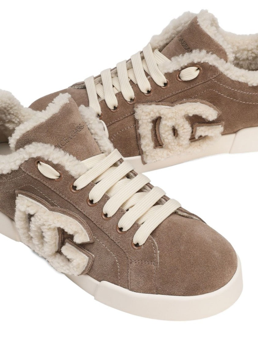 Dolce & Gabbana Shearling-Trim Sneakers With Bold Logo Patch
