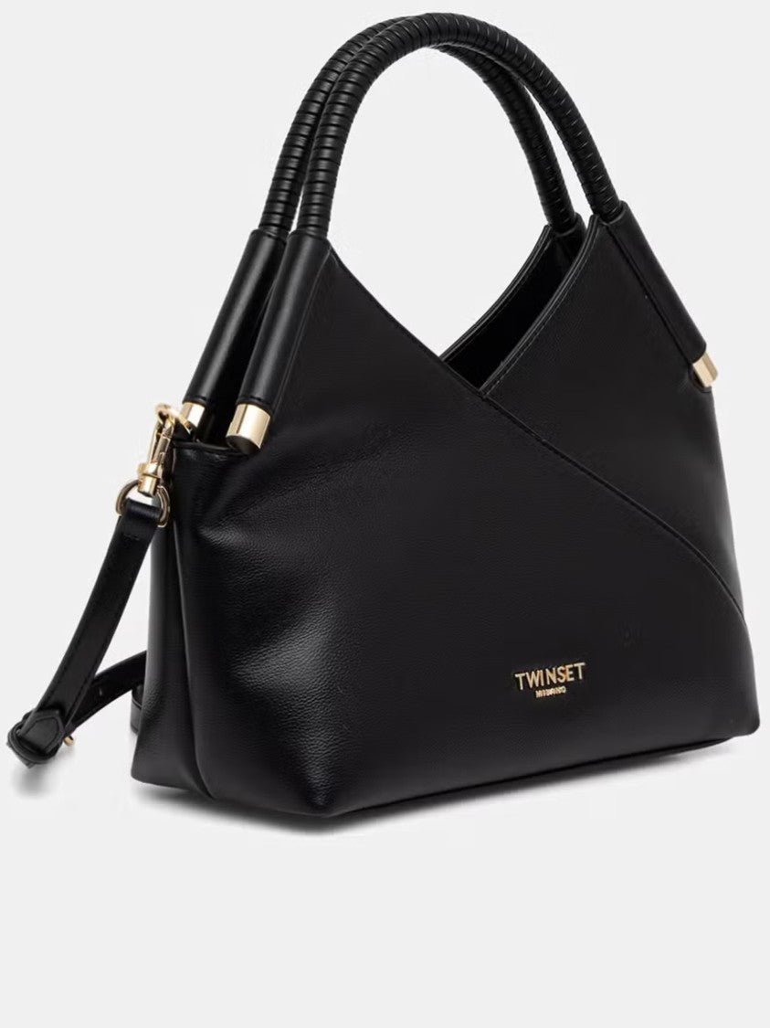 Twin-Set Angular Black Tote Bag With Gold-Tone Accents