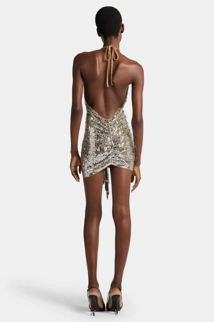 Dsquared2 Silver Wool Sequin Halter Mini Dress