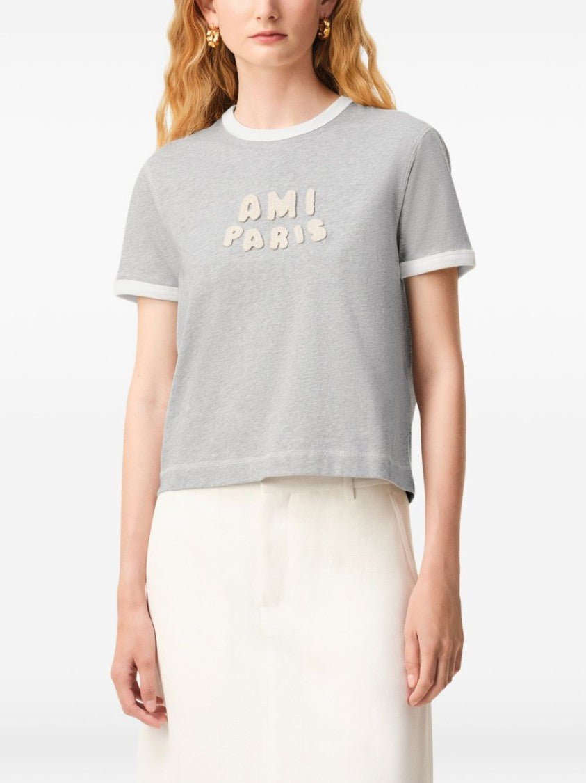 Ami Paris Grey Tonal Embroidery Crew Neck T-Shirt