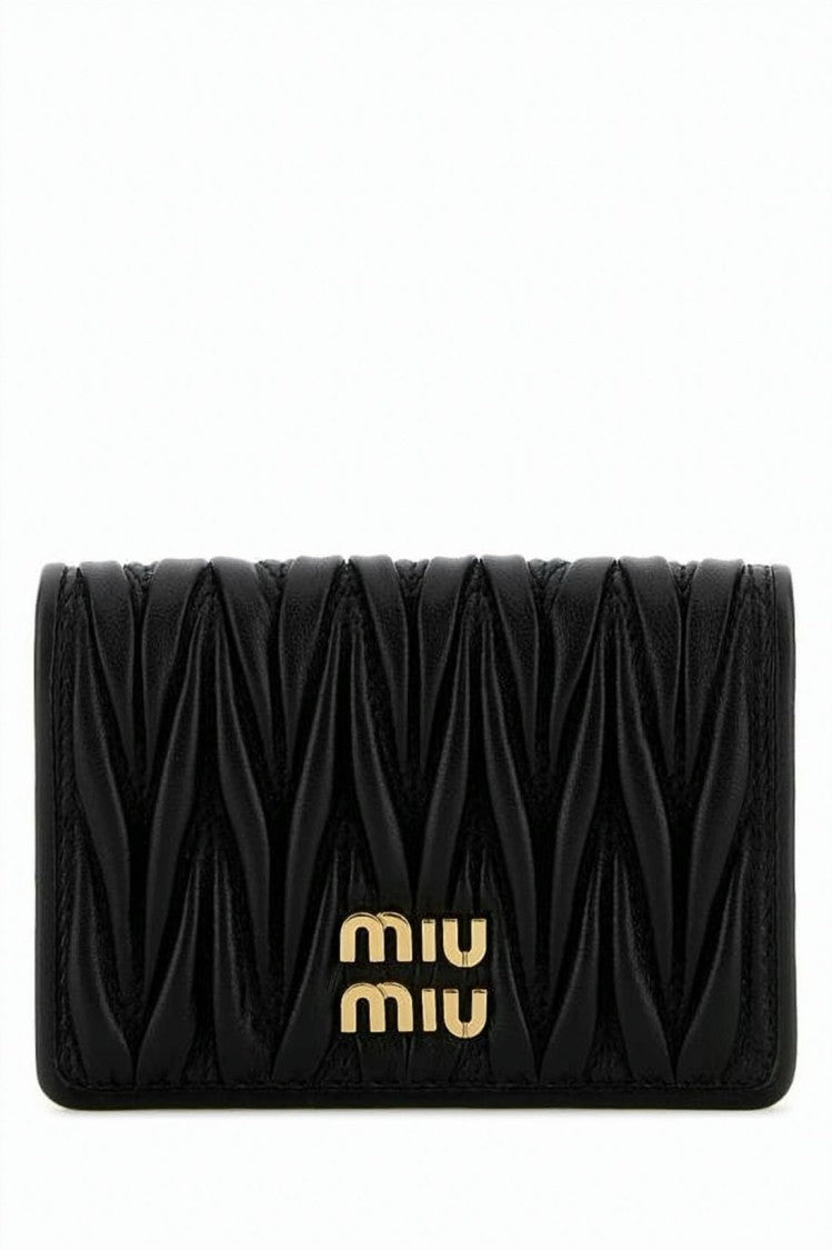 Miu Miu Ruched Black Lambskin Leather Card Wallet