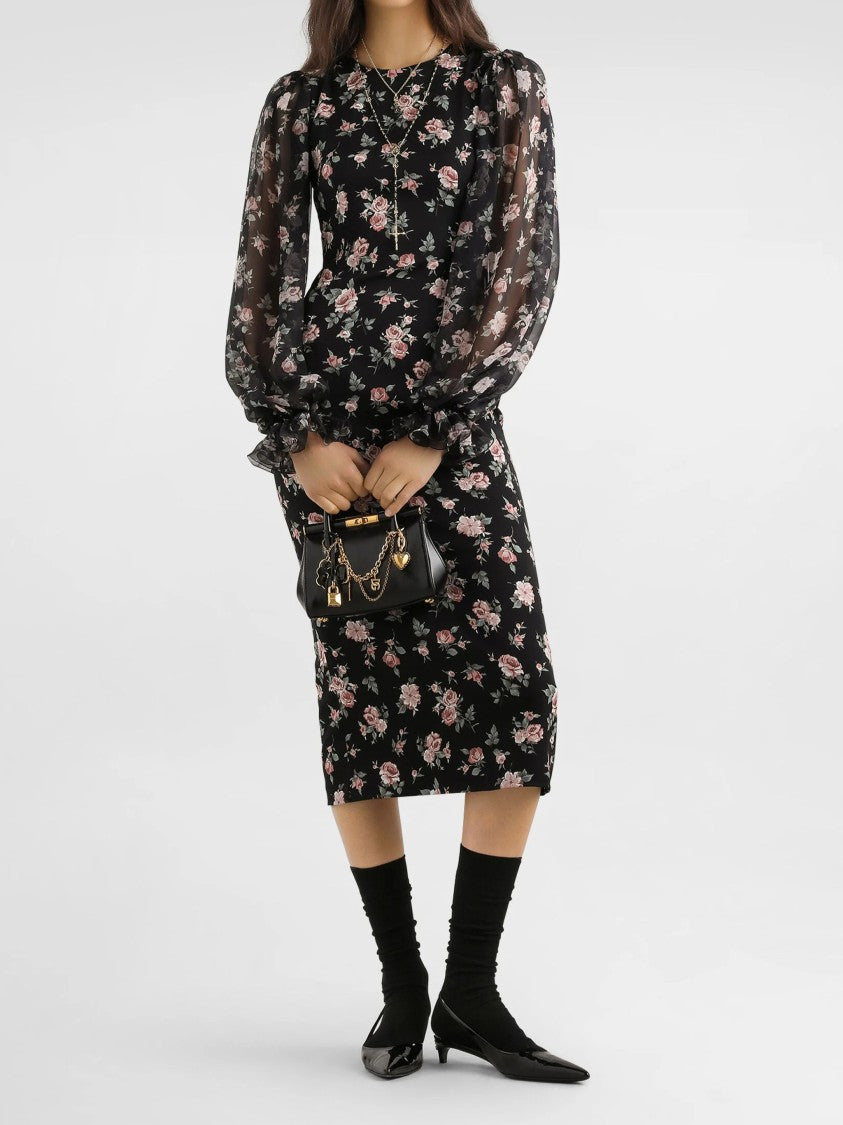 Dolce & Gabbana Fitted Midi Floral Print Silk Dress