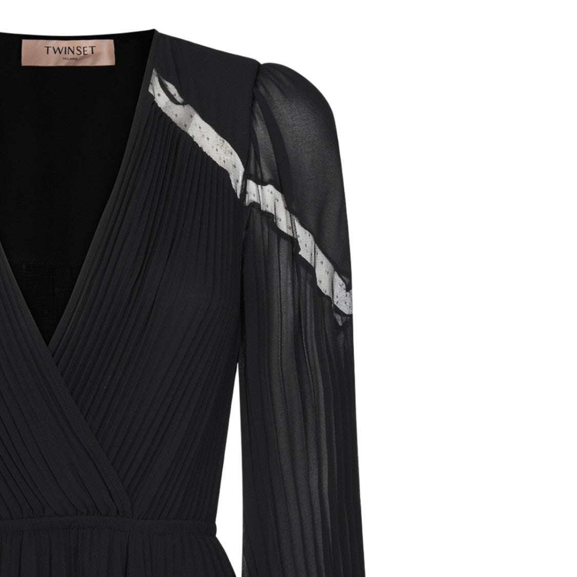 Twin-Set Asymmetrical Sheer-Sleeve Pleated Midi Dress