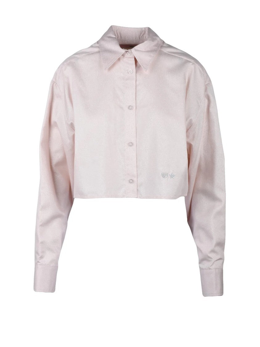 Chiara Ferragni Cropped Pink Lamé Shirt With Classic Collar