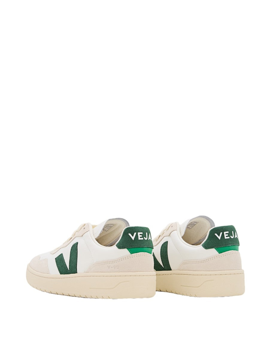 Veja White/Green V-90 Leather Low-Top Sneakers