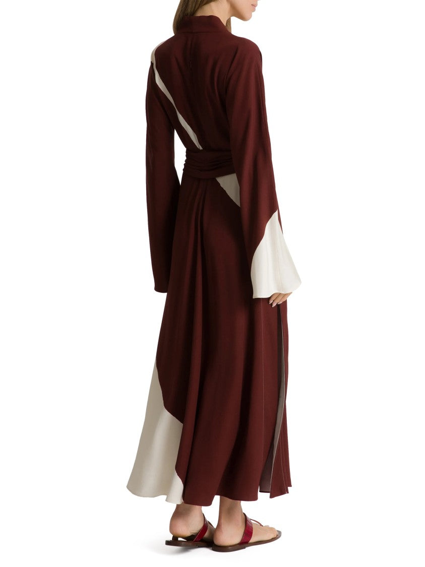 Alberta Ferretti Belted Burgundy Midi Dress With Geometric Color-Block Pattern