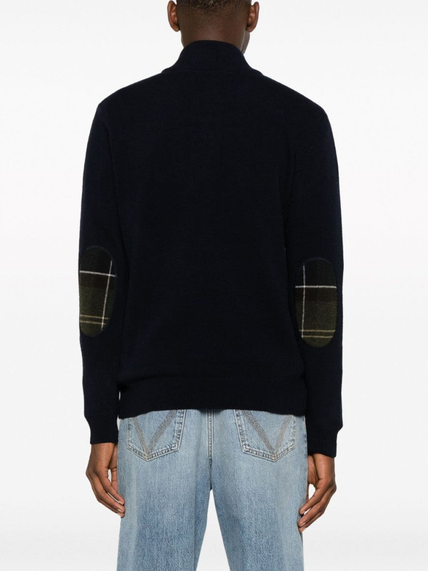 Barbour Ribbed Knit Half-Zip Sweater With Classic Funnel Neck And Elbow Patches