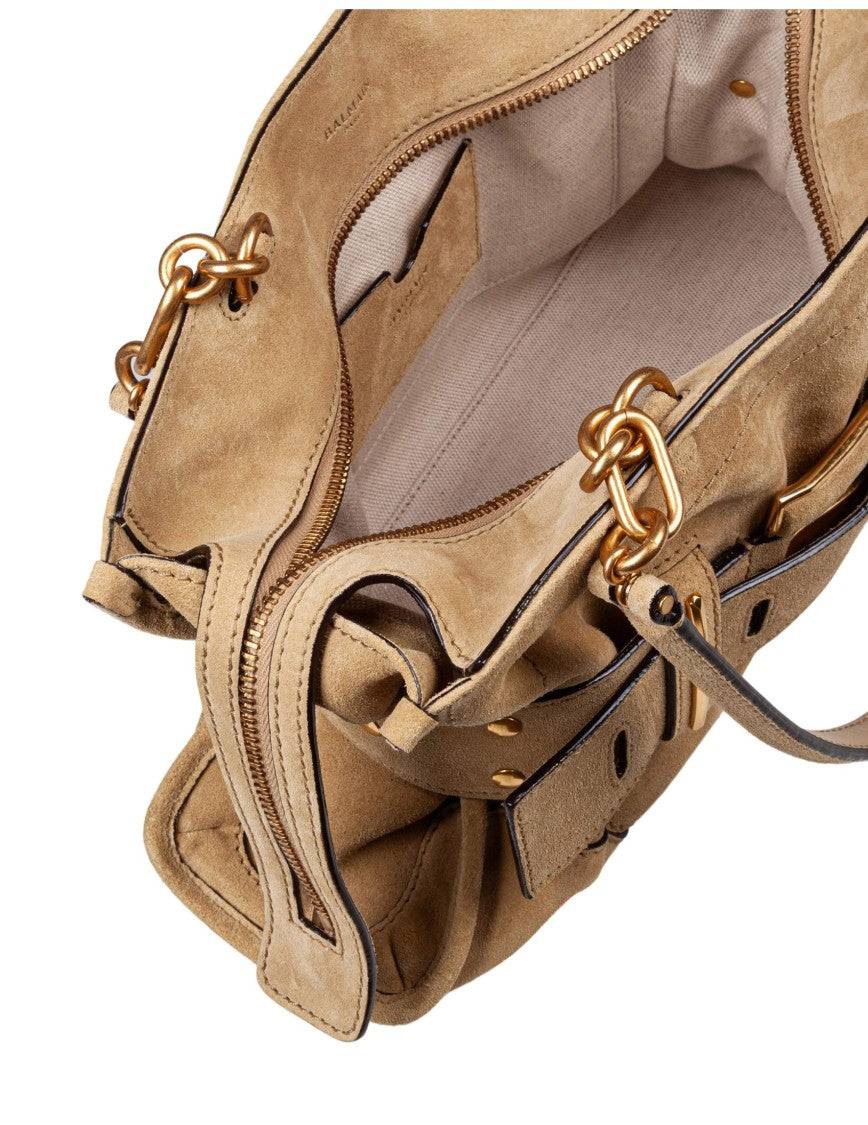 Balmain Anthem Beige Suede Shoulder Bag