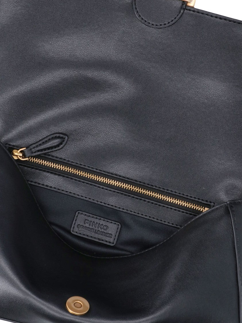 Pinko Black Leather Love Birds Flap Shoulder Bag