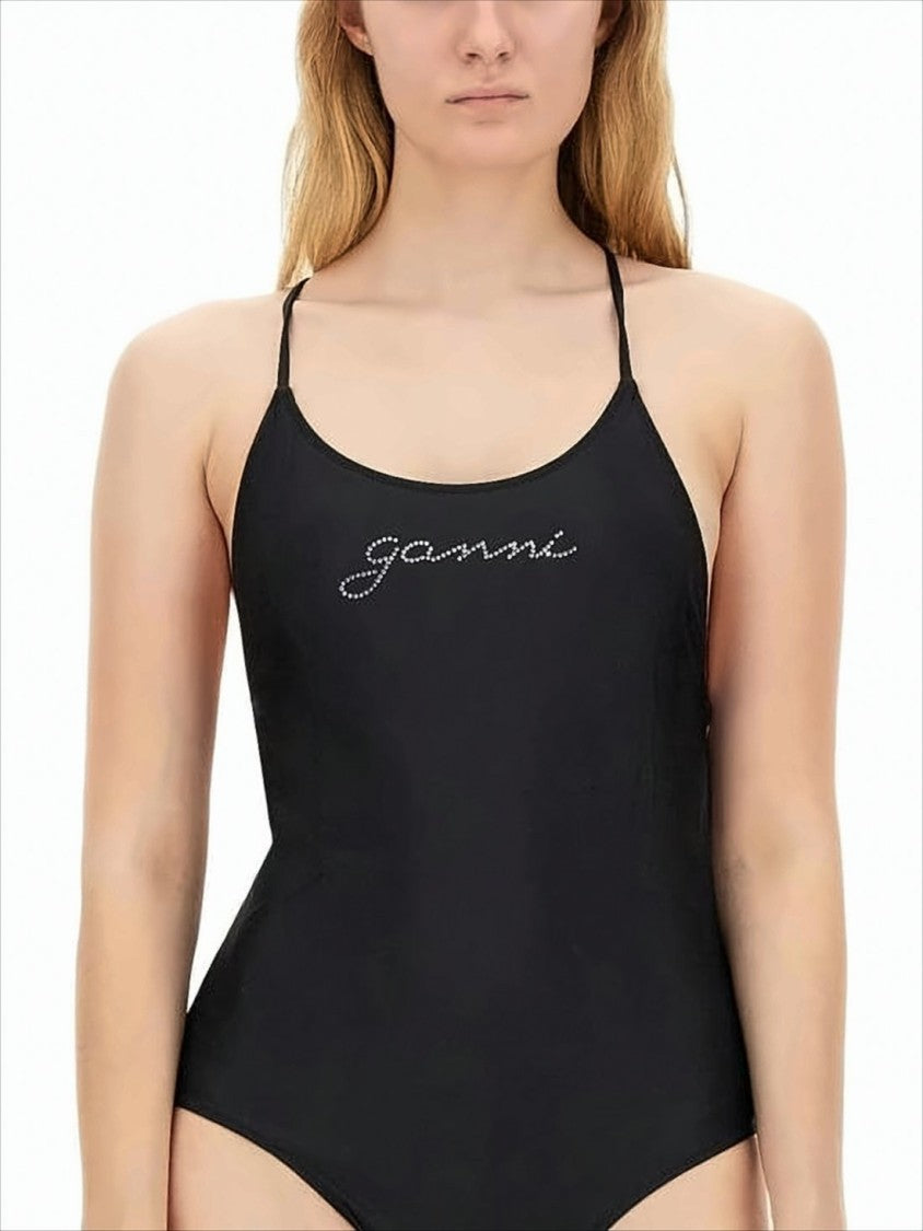 Ganni Crisscross-Back One-Piece Swimsuit With Subtle Logo Detail