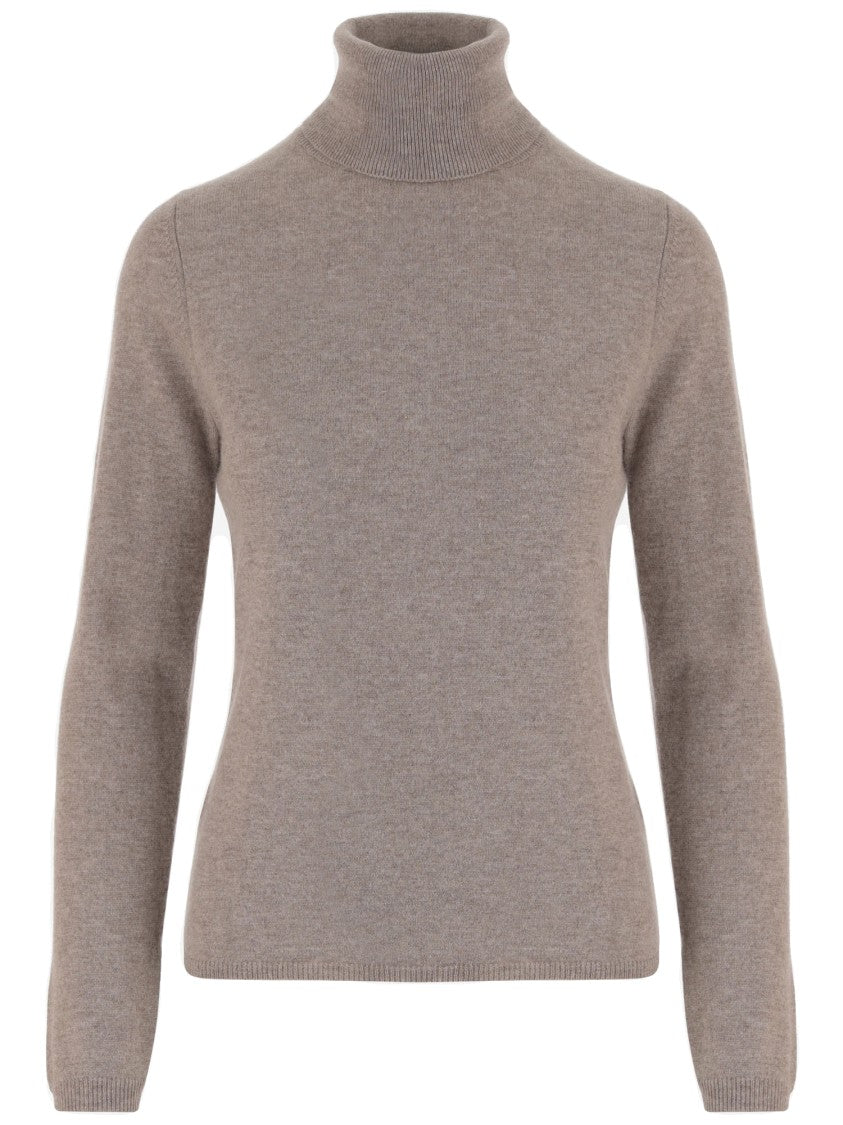 Allude Beige Turtleneck Ribbed Edges Cashmere Sweater