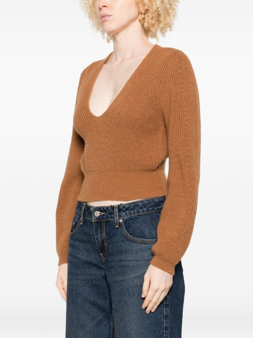 Twin-Set Cropped Sweater With Deep V-Neckline And Ribbed Texture