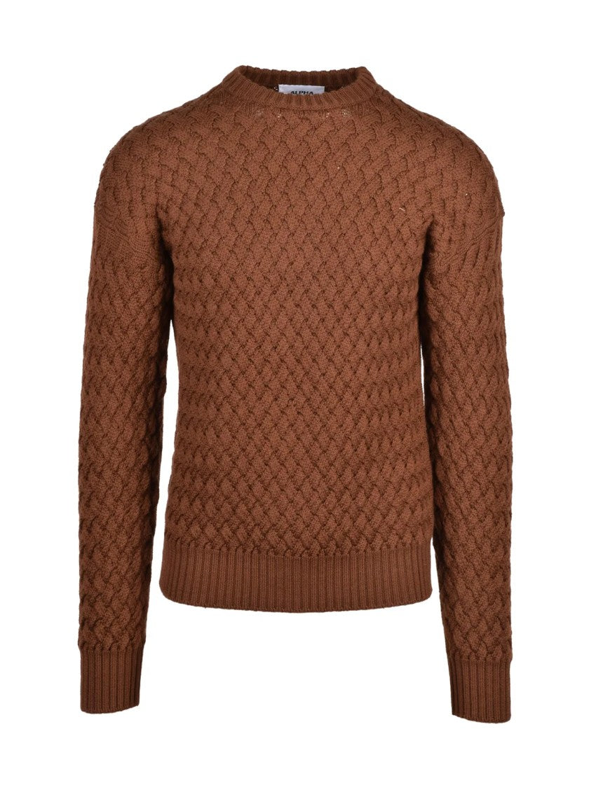 Alpha Studio Brown Cable Knit Sweater With Classic Crew Neck And Ribbed Details