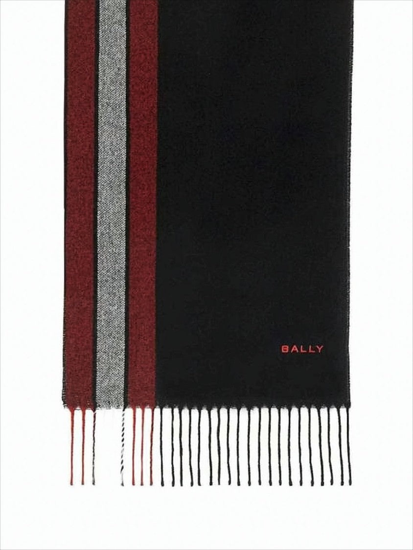 Bally Long Rectangular Black Scarf With Burgundy