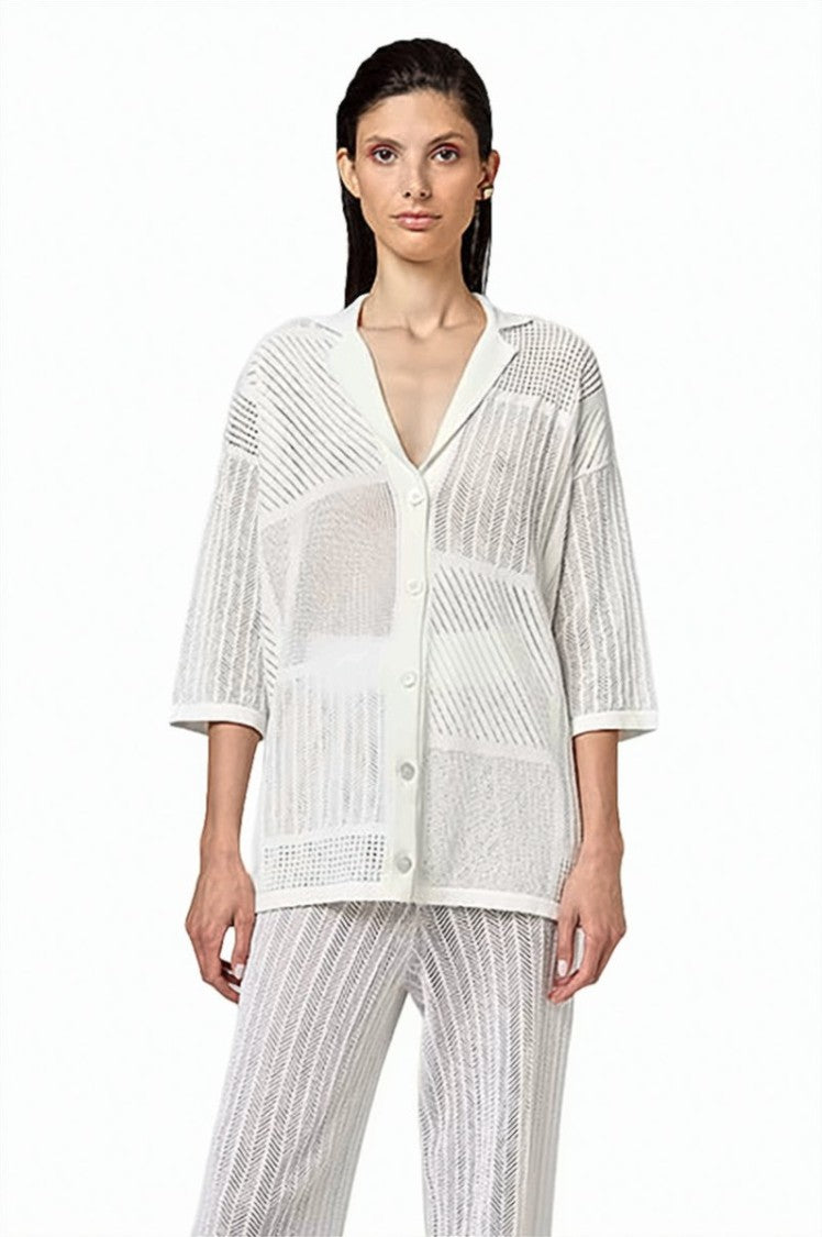 Alpha Studio Openwork 3/4 Sleeves Cotton-Blend Bowling Shirt