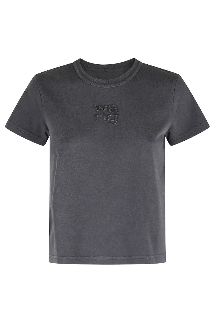 Alexander Wang Dark Gray Shrunken Embossed Glitter Logo Cotton T-Shirt
