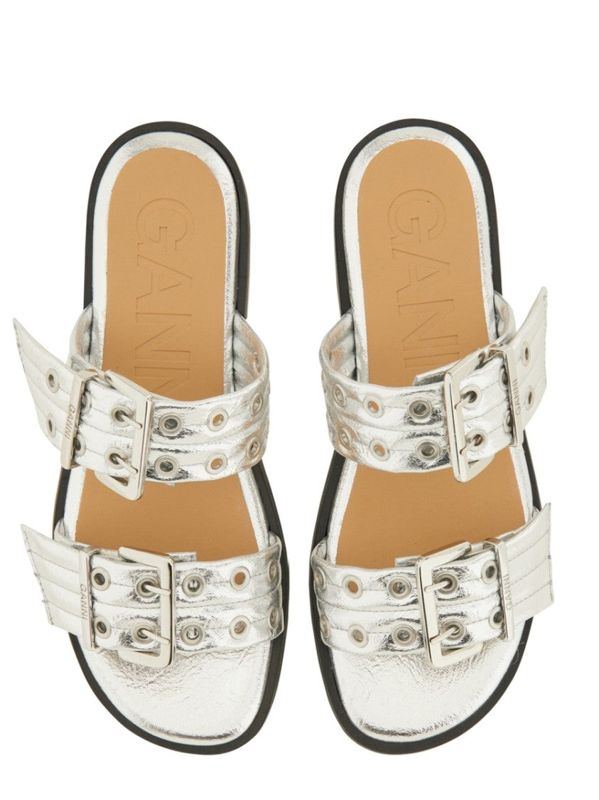 Ganni Metallic-Finish Sandals With Decorative Buckles