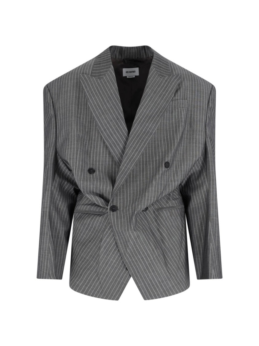 Hed Mayner Double-Breasted Tailored Blazer With Pinstripe Pattern And Draped Details