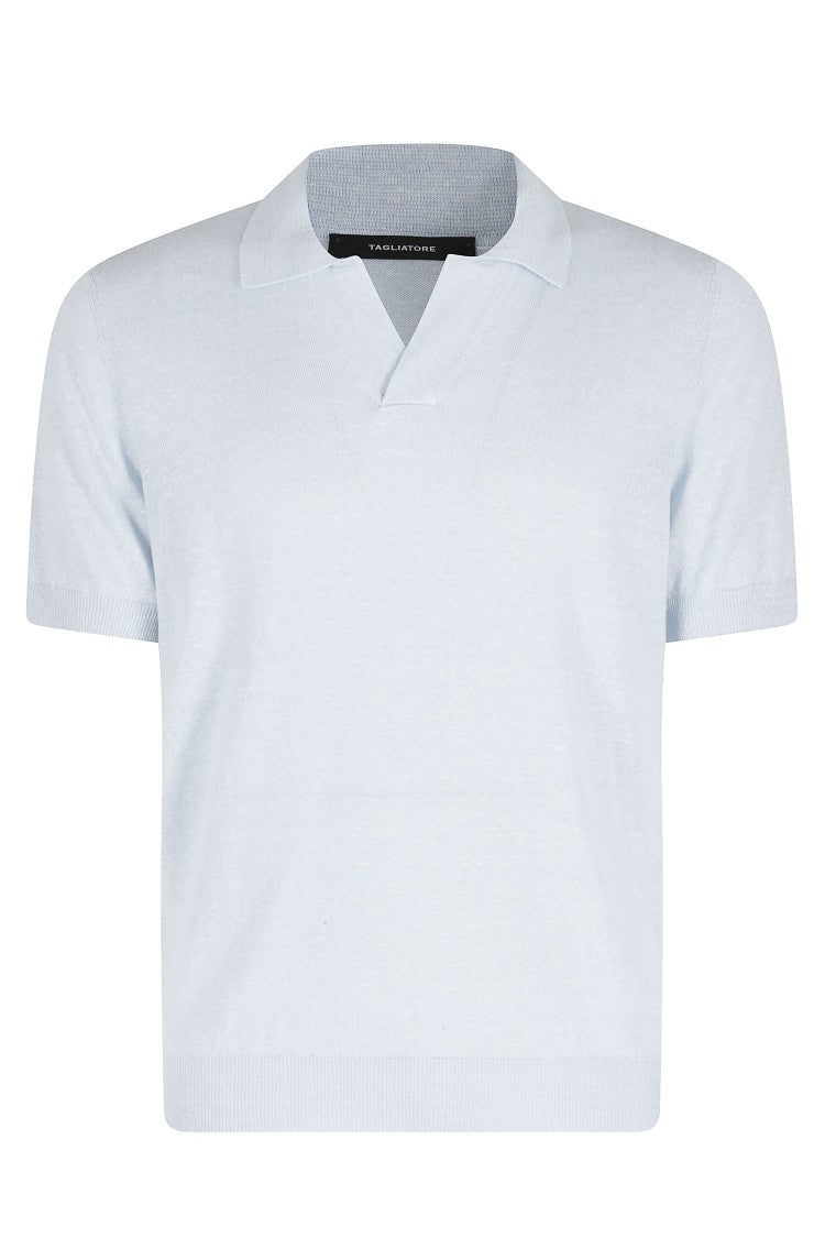 Tagliatore Sky Blue Keith Short Sleeve Ribbed Trim Linen-Blend Polo Shirt