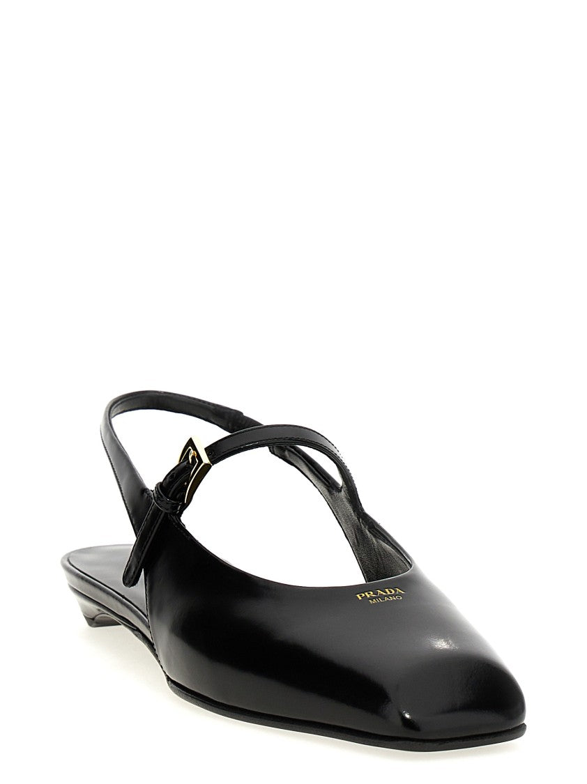 Prada Pointed Toe Leather Slingback With Embossed Logo