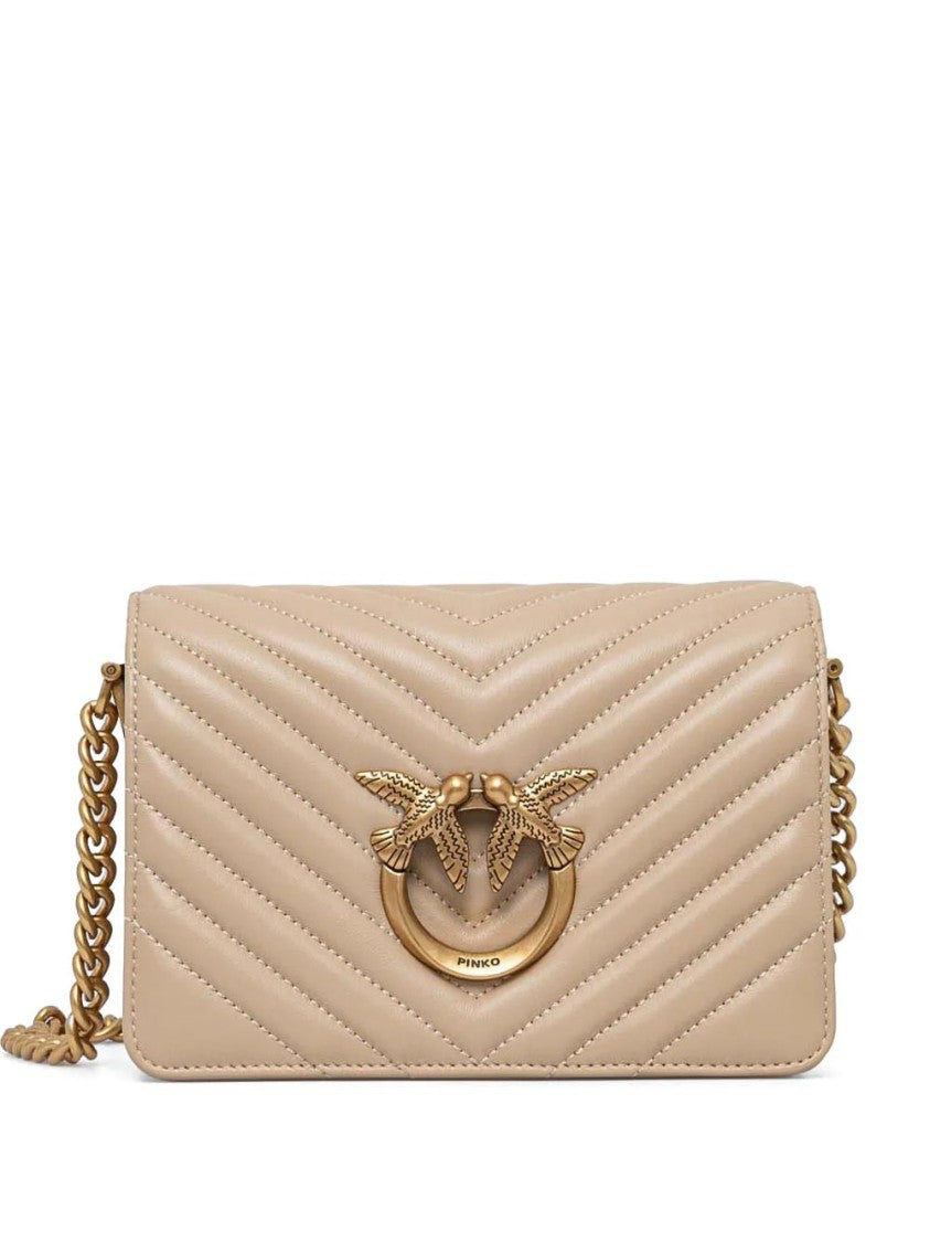 Pinko Quilted Beige Mini Shoulder Bag With Bird Motif Hardware