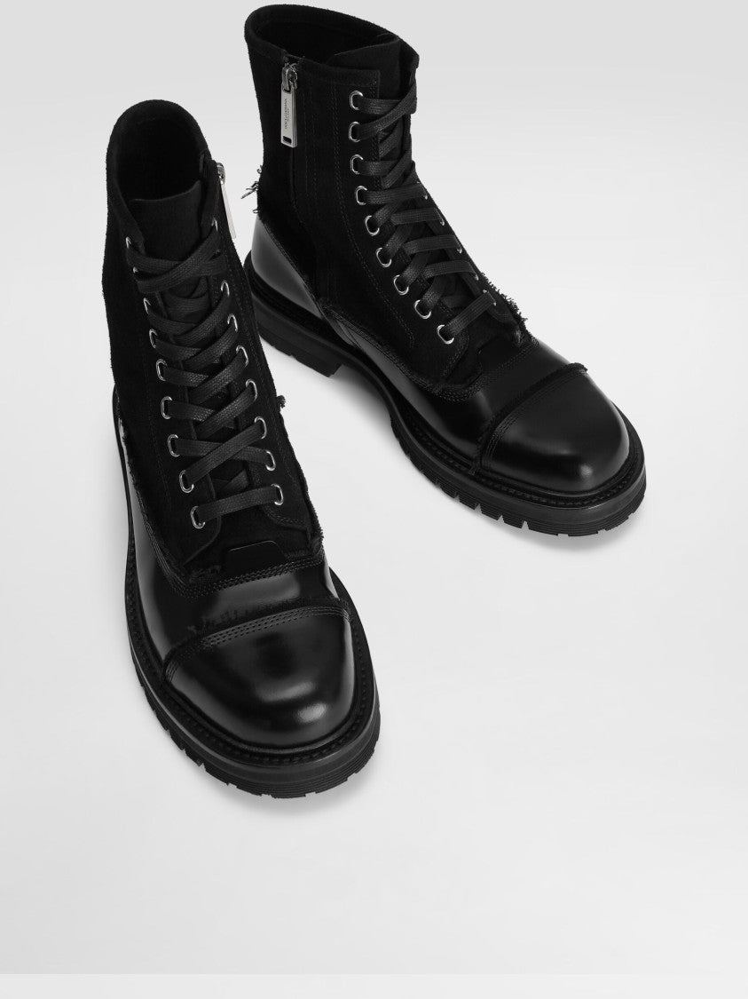 Dolce & Gabbana Black Calf Leather Lace-Up Rugged Ankle Boots
