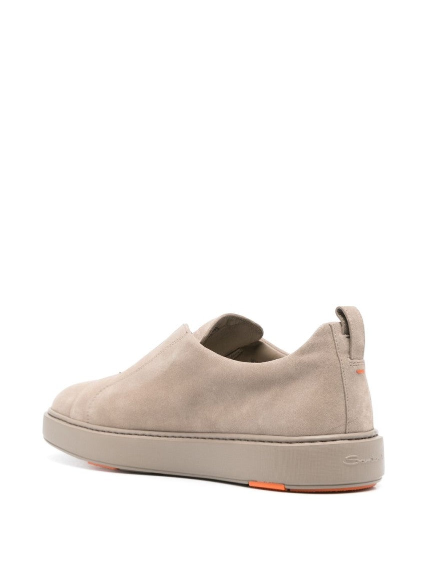 Santoni Taupe Calf Suede Slip-On Sneakers