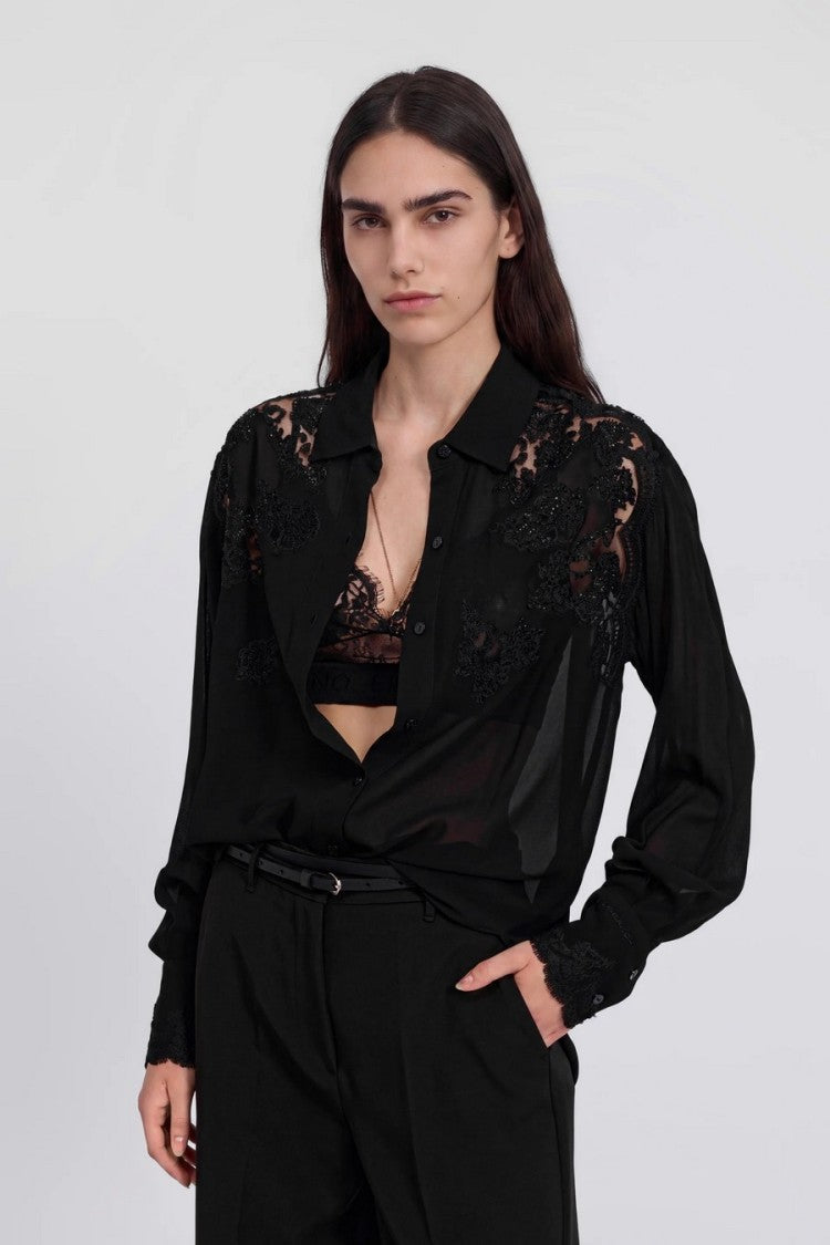 Ermanno Black Floral Lace Yoke Viscose Shirt