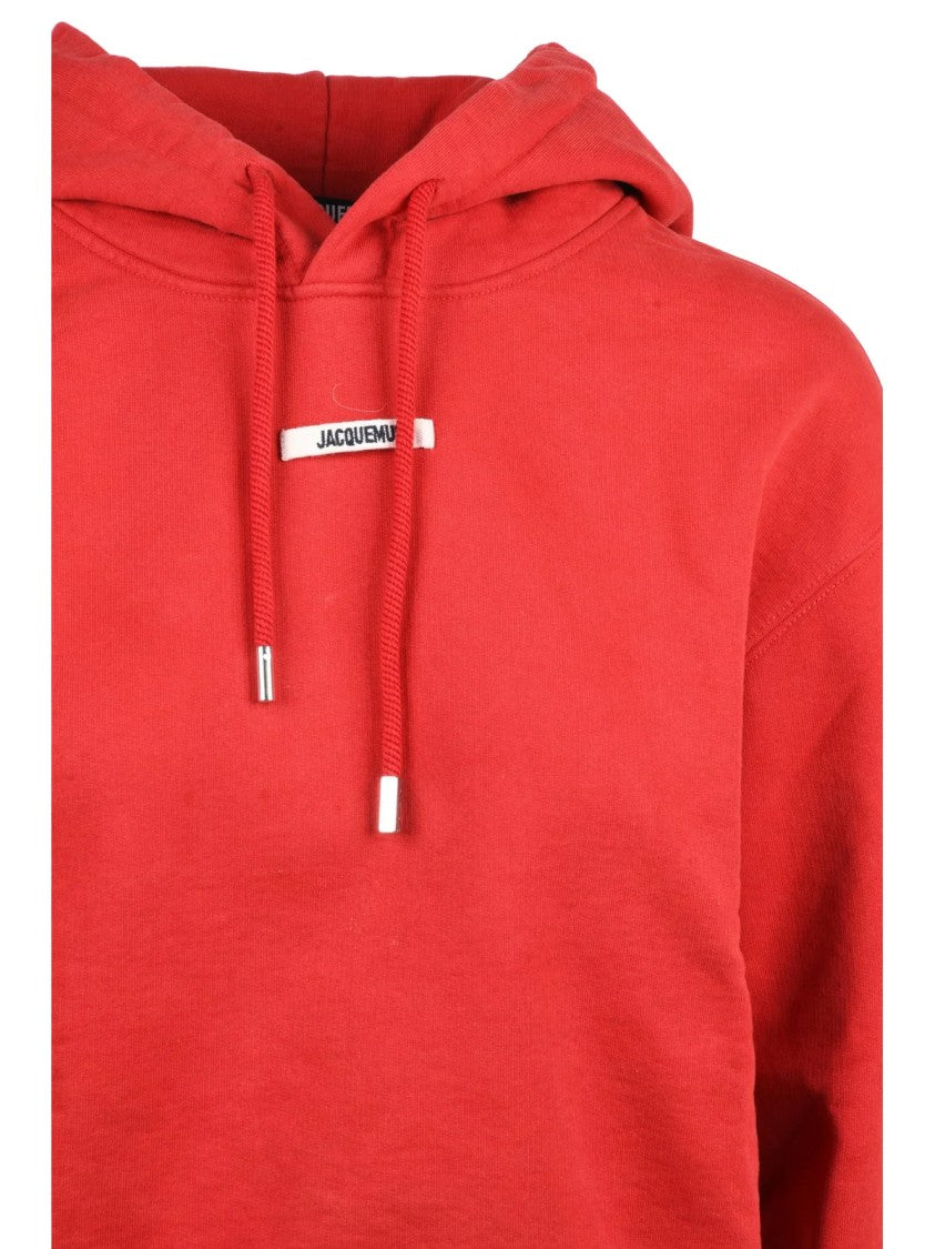 Jacquemus Red Hooded Brushed Cotton Cropped Sweatshirt