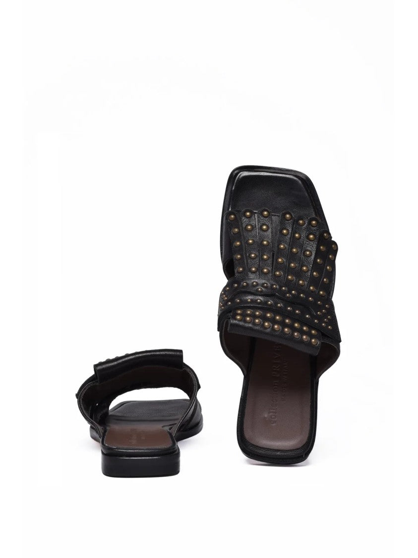 Collection Privee? Black Studded Leather Mule Sandals