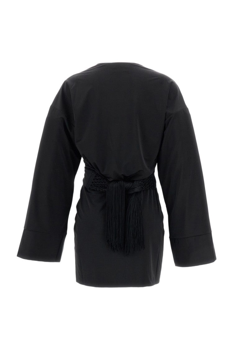 The Andamane Black Hall Fringe Sash Fluid Stretch Mini Dress