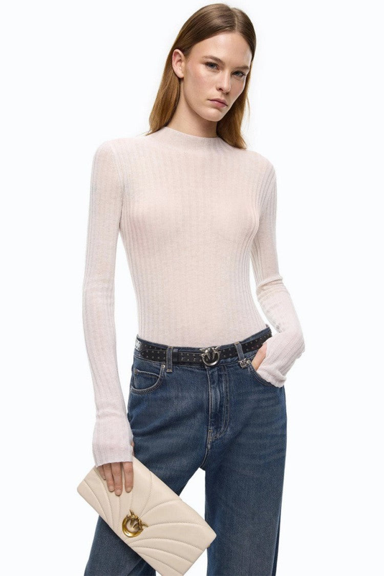 Pinko White Wool Ribbed Mock-Neck Sweater