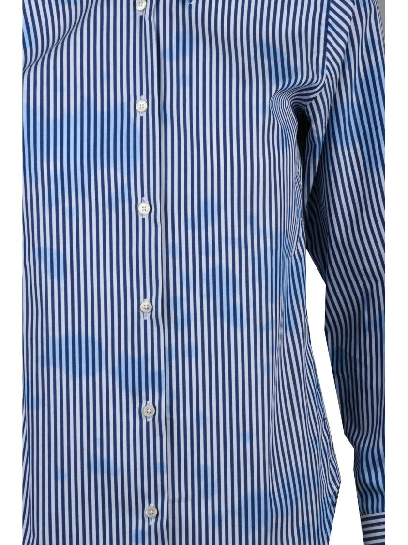 Deuxieme Vertical Stripe Cotton Shirt With Pleat Detail In Blue