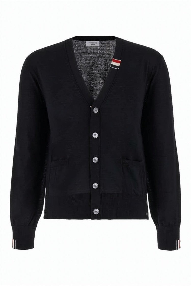Thom Browne Classic V-Neck Cardigan With Striped Cuffs