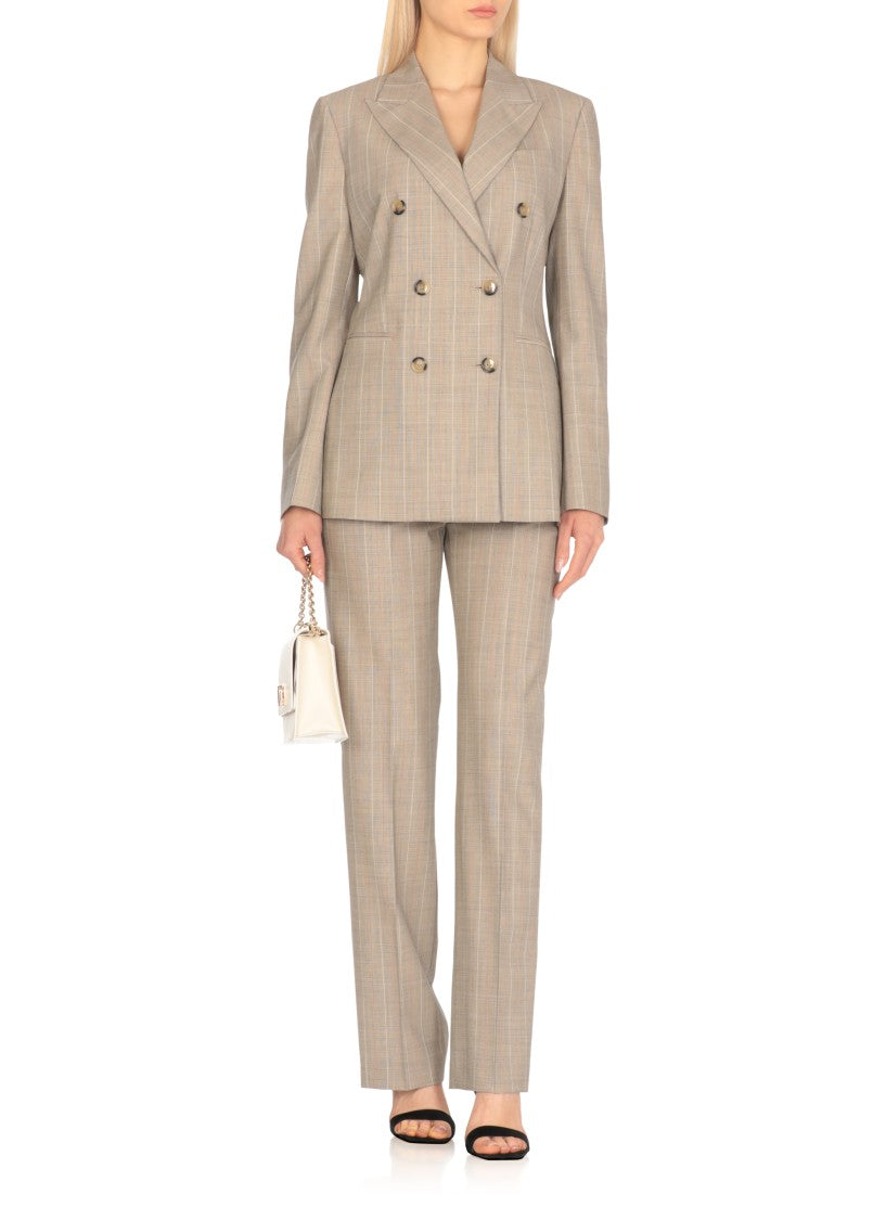 Pt Torino Beige Virgin Wool Double-Breasted Blazer With All-Over Check Pattern