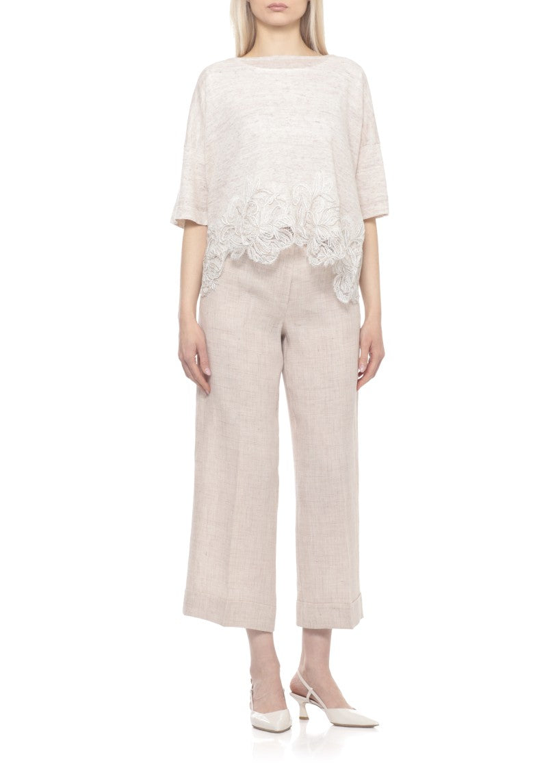 D. Exterior Beige Lace Linen-Blend Hem Short-Sleeved Top