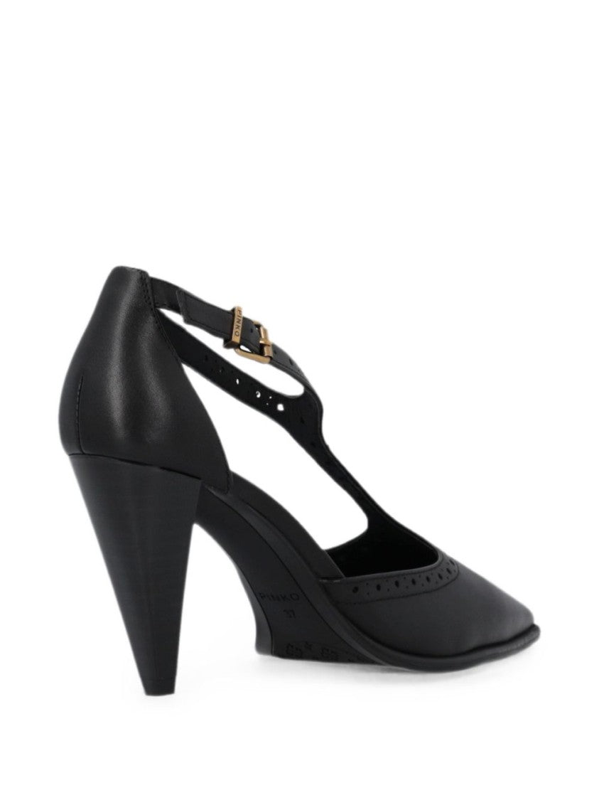 Pinko Black Pointed Toe T-Strap Perforated Pumps