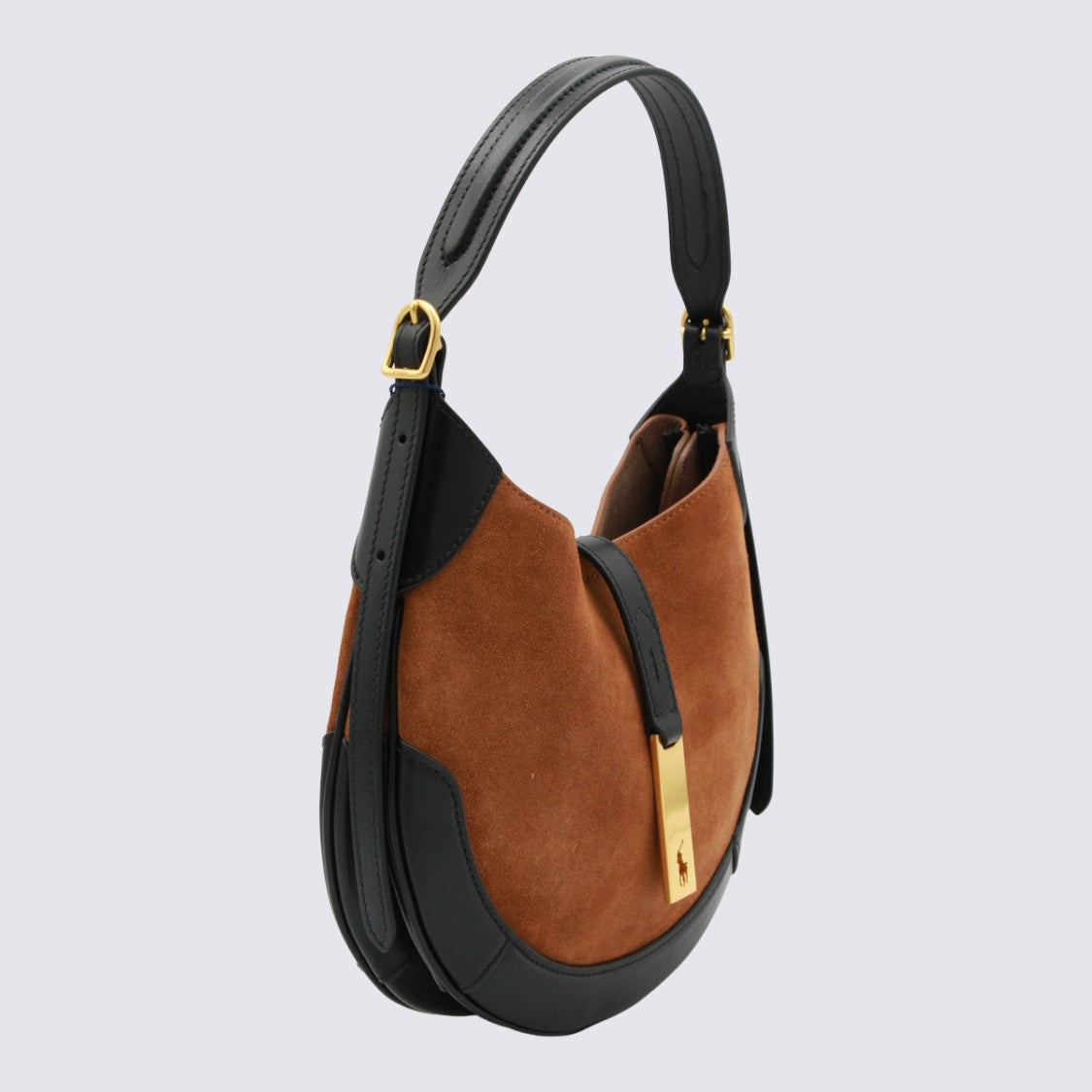 Polo Ralph Lauren Crescent-Shaped Brown Suede Handbag With Gold Accents