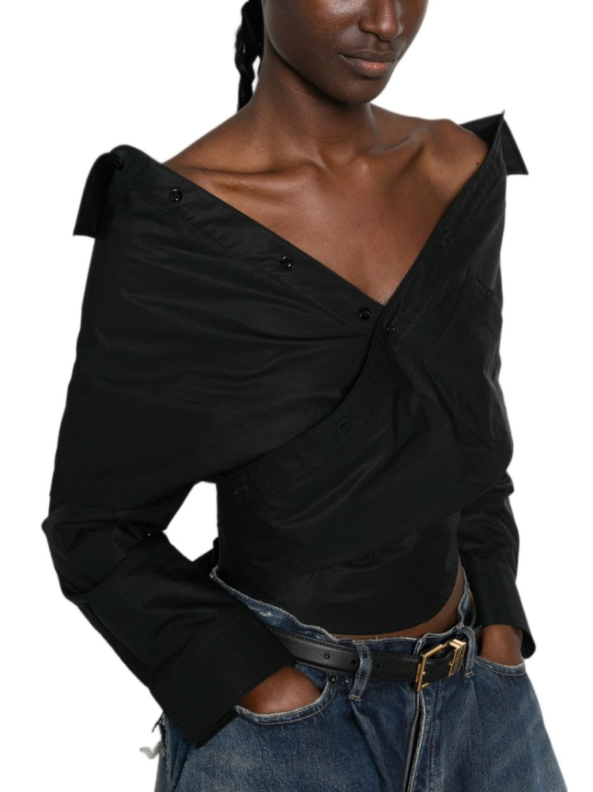 Balenciaga Black Off-Shoulder Asymmetric Knot Shirt