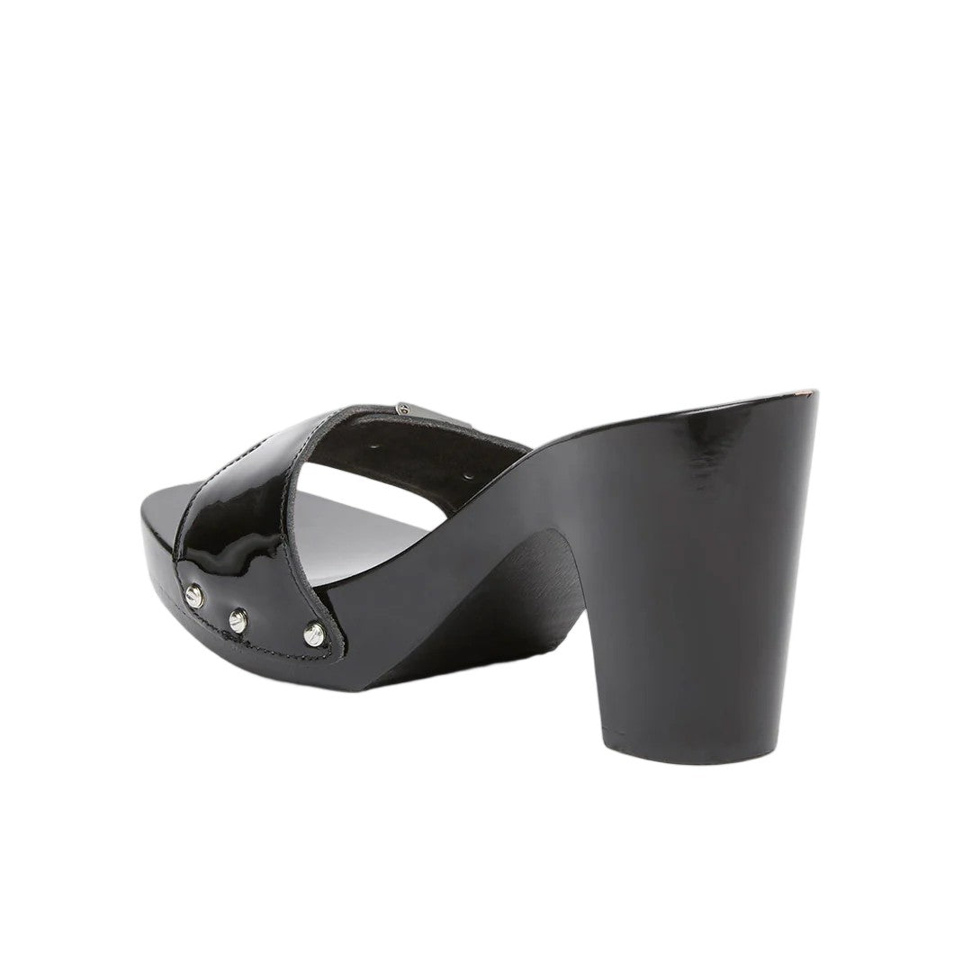Scholl High-Heeled Wooden Sole Lacquered Suede Sandals