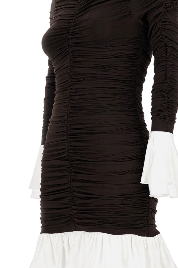 Rotate Mini Dress With Ruched Detailing And Ruffled Accents