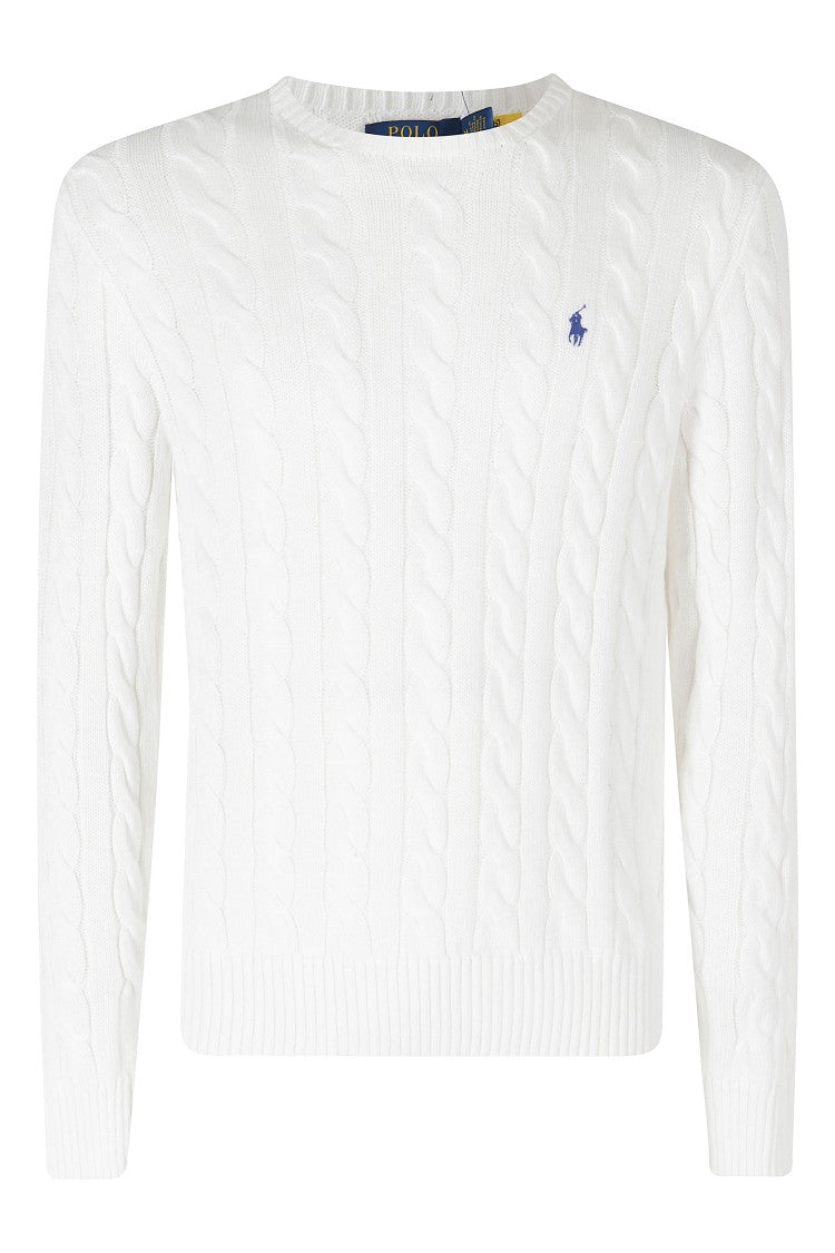 Polo Ralph Lauren White Crew Neck Ribbed Trim Cotton Sweater