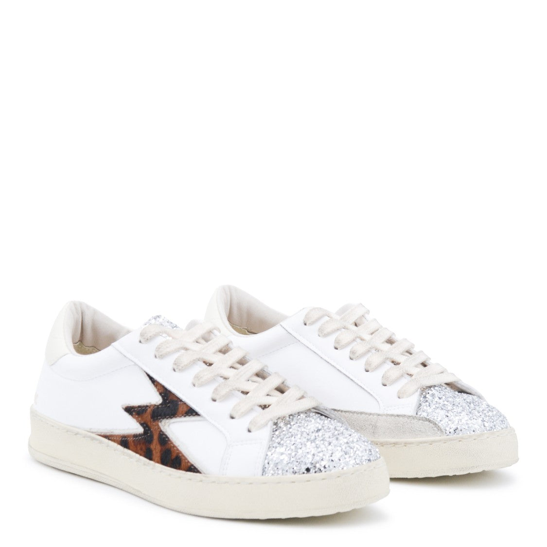 Moaconcept White And Leopard Sneakers From Moaconcept Featuring Round Toe, Laces Fastening, Side Leopard Detail, Logo Print And Rubber Sole.
