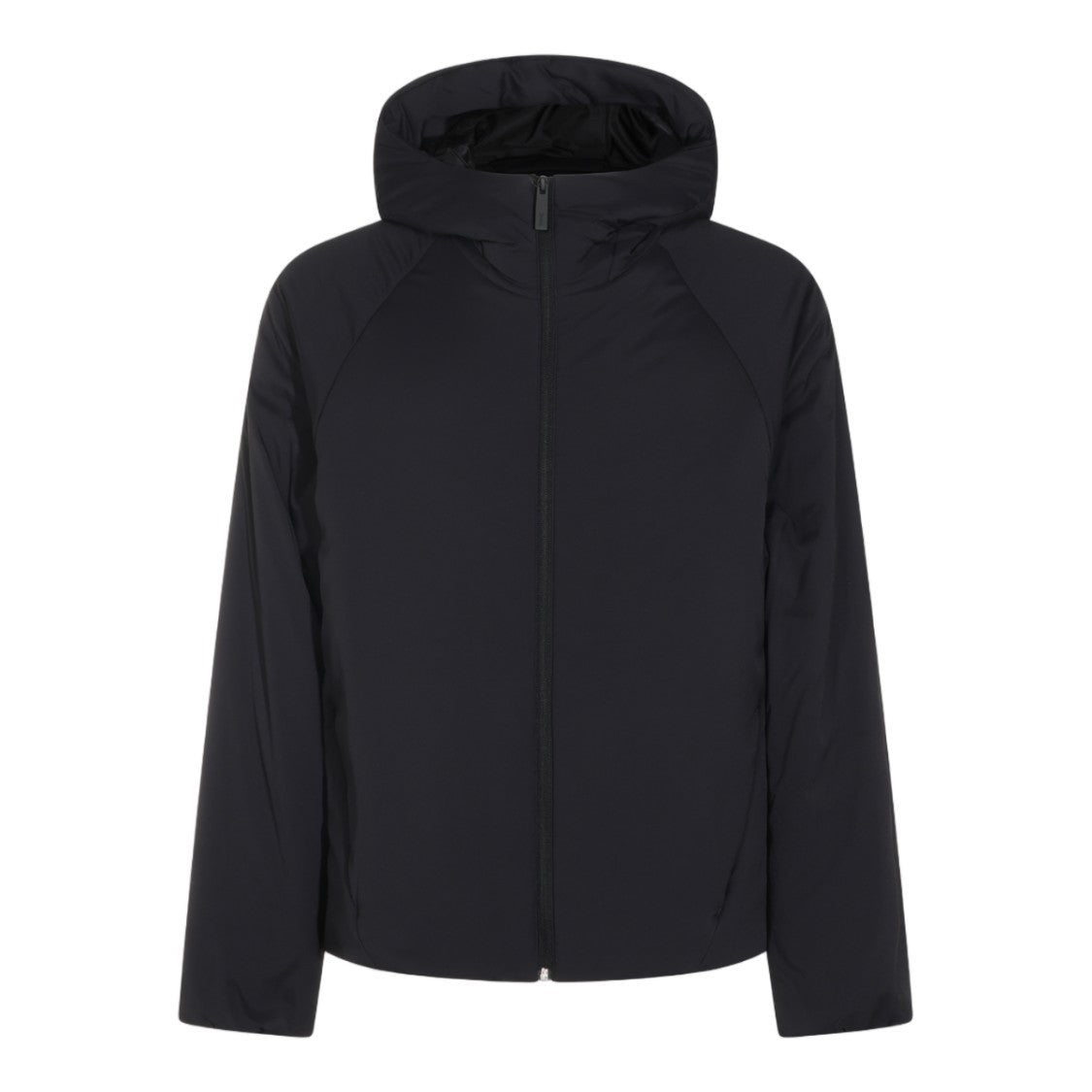 Laminar Minimalist Black High Collar Hooded Coat