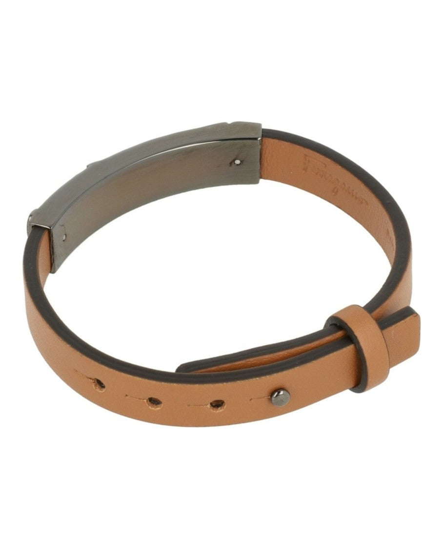 Ferragamo Leather Bracelet With Embossed Geometric Accent And Gunmetal Finish