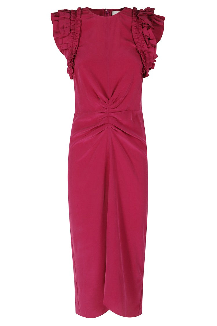 Isabel Marant Fuchsia Teriany Gd Ruffled-Sleeve Fitted Silk Midi Dress